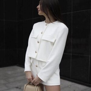 Gold Button Cropped Blazer White Zara XS